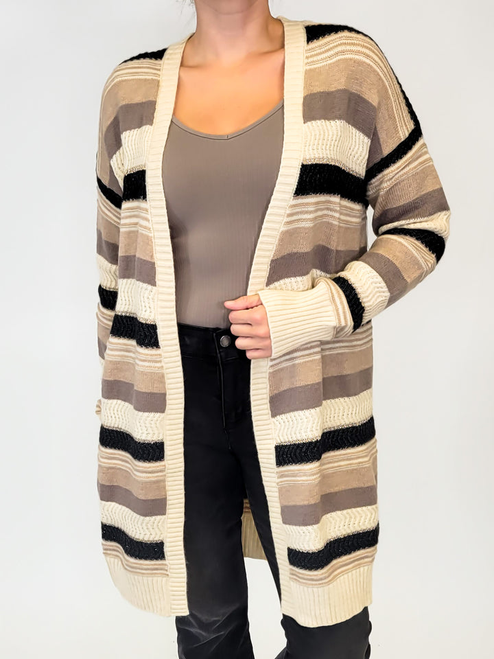 MULTI COLOR STRIPED LONG OPEN CARDIGAN - MOCHA MULTI