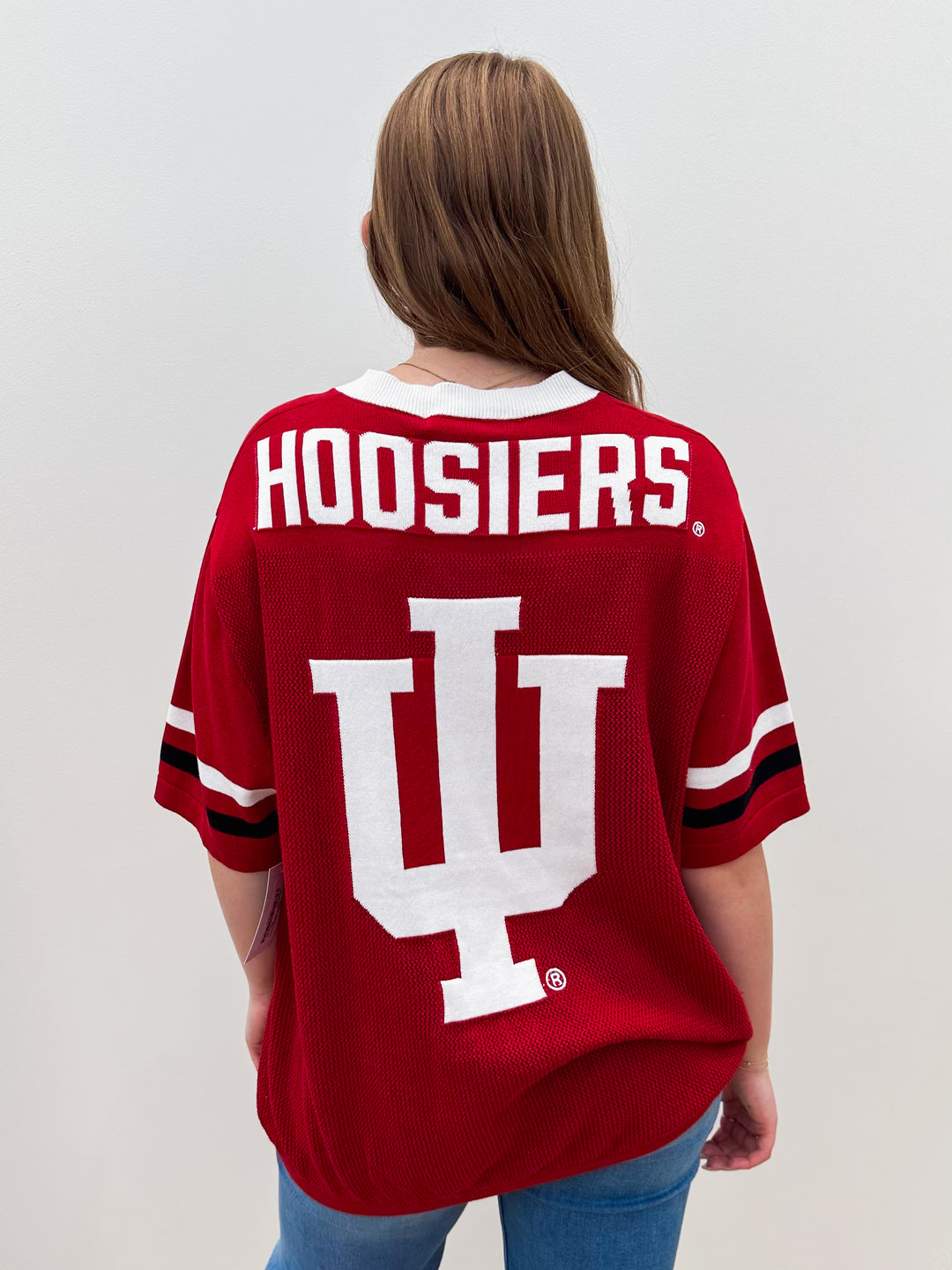 IU V-NECK SIDELINES JERSEY SWEATER - CRIMSON