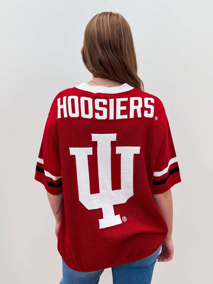 IU V-NECK SIDELINES JERSEY SWEATER - CRIMSON