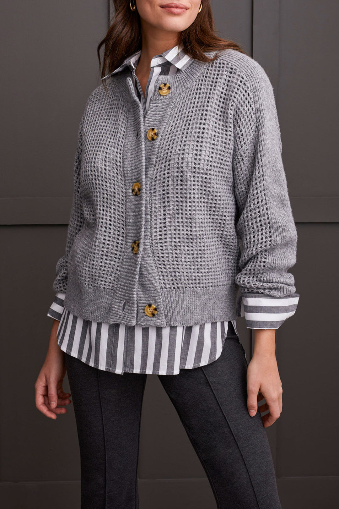 LONG SLEEVE CREW NECK SWEATER CARDIGAN - GREY