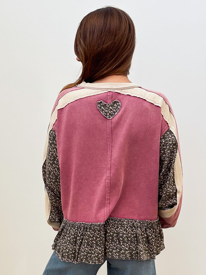 LONG SLEEVE MIX TERRY BABYDOLL TUNIC - MAUVE