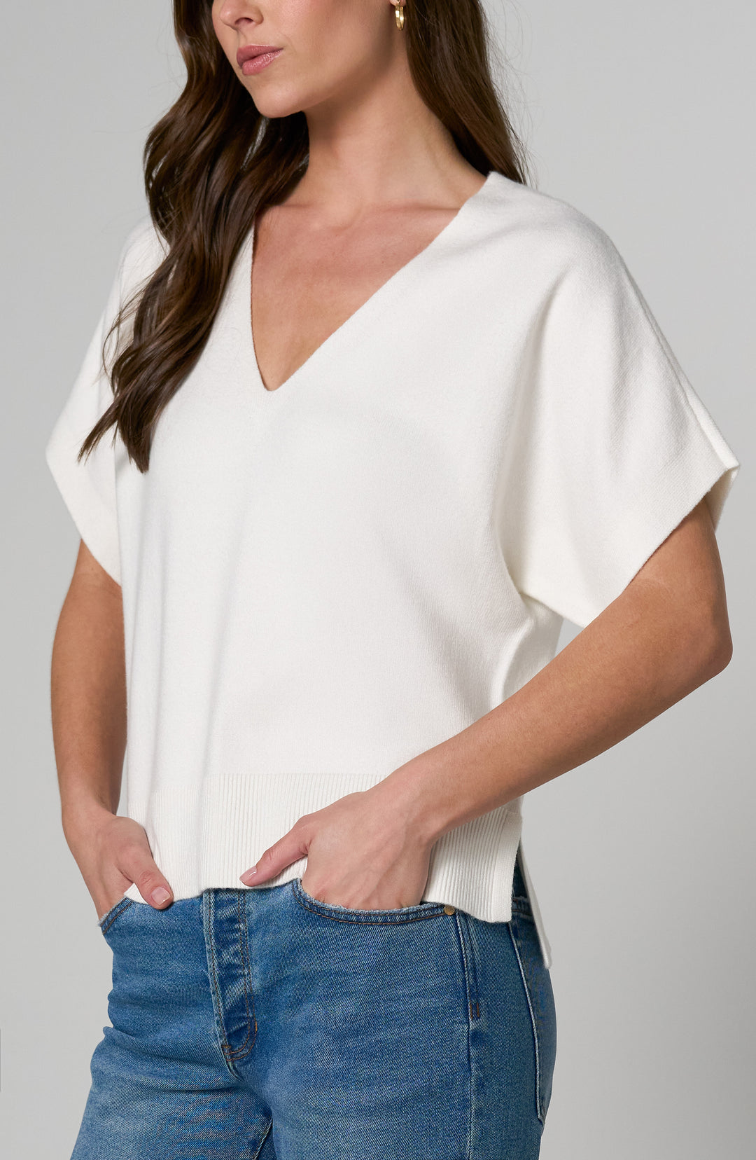 DOLMAN SHORT SLEEVE POPOVER SWEATER W/STEP - WHIPPED CREAM