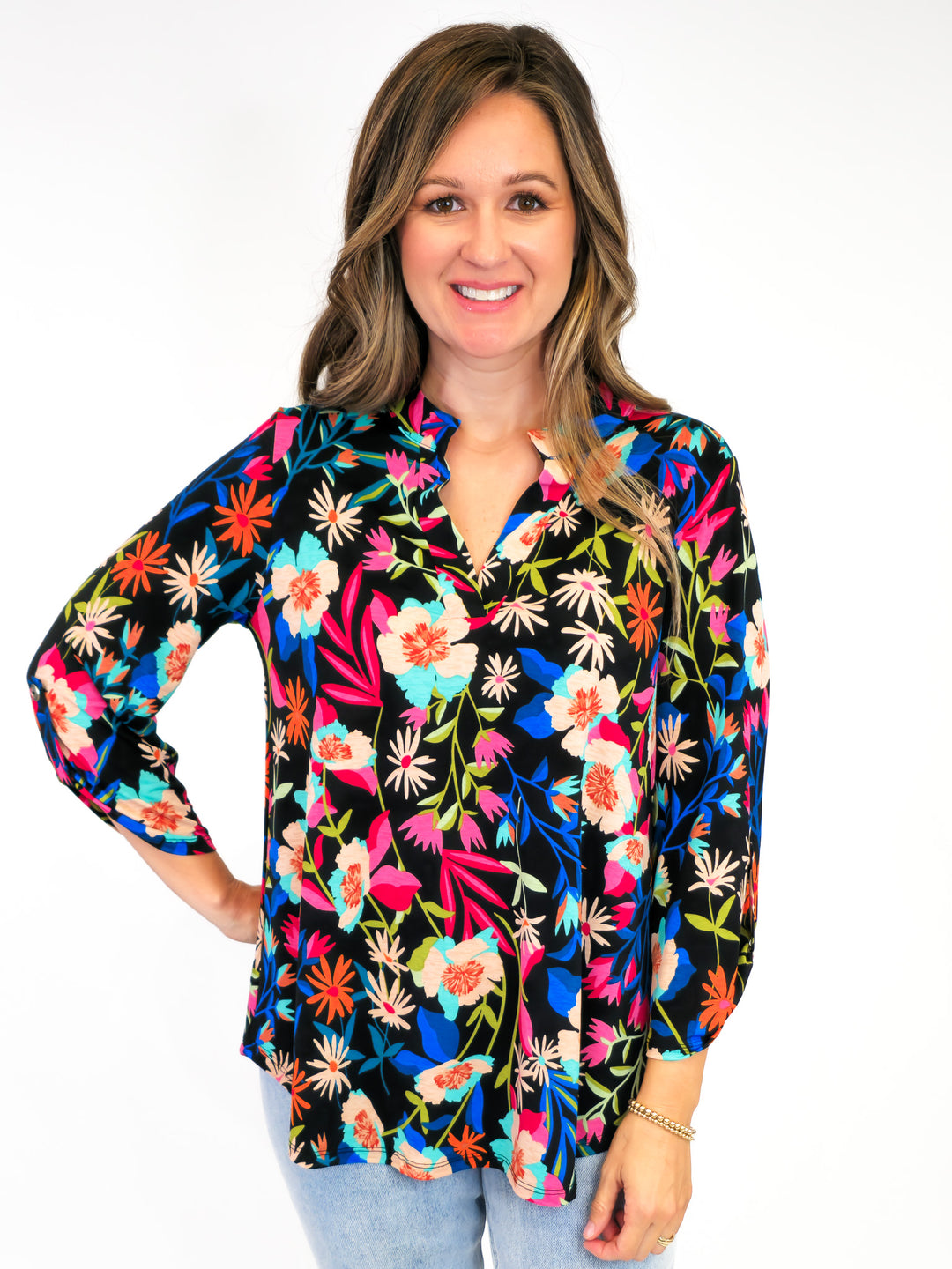 DEAR SCARLETT STRETCHY LIZ TOP WITH 3/4 SLEEVES - BLACK/BLUE/PINK FLORAL