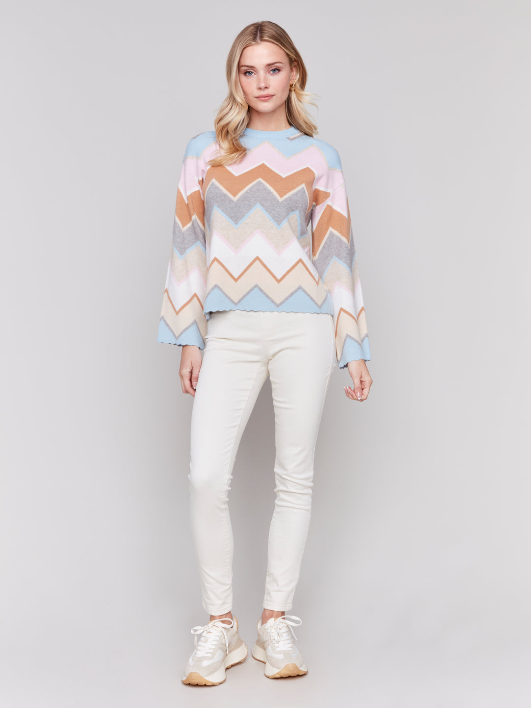 CHEVRON KNIT BELL SLEEVE SWEATER - CANDY