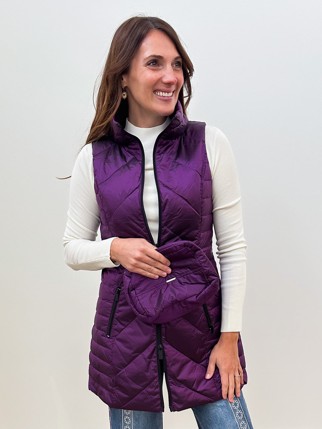 ANORAK CHEVRON QUILTED PACKABLE PUFF VEST W/BAG - MULBERRY