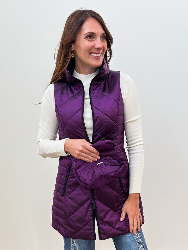ANORAK CHEVRON QUILTED PACKABLE PUFF VEST W/BAG - MULBERRY