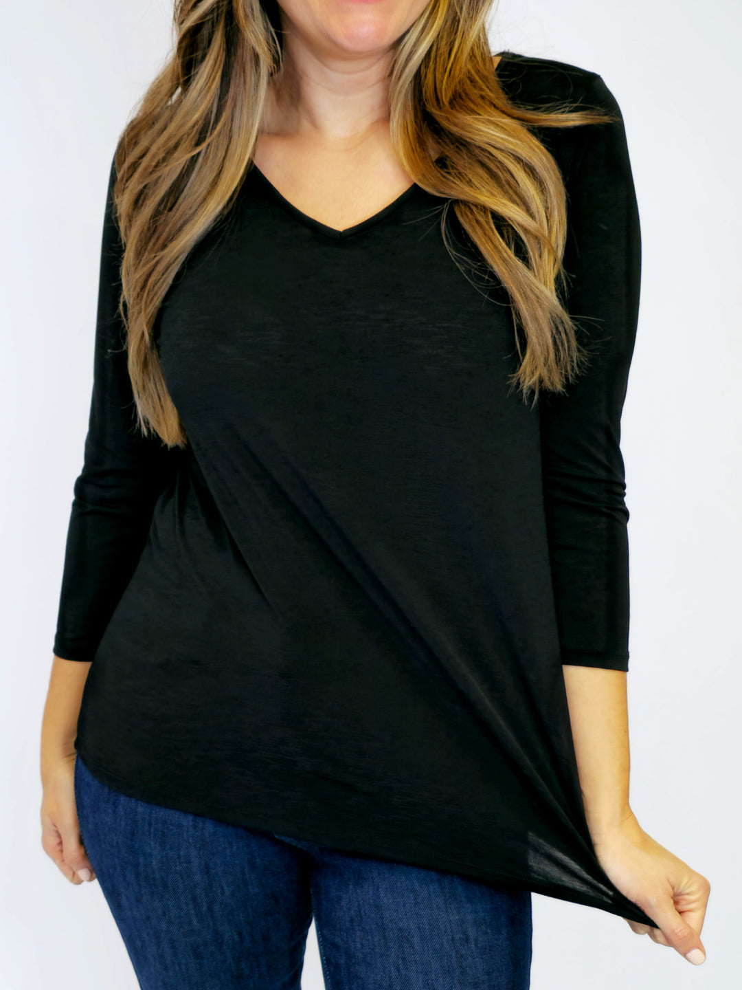 DEAR SCARLETT STRETCHY V-NECK 3/4 SLEEVE TOP - BLACK