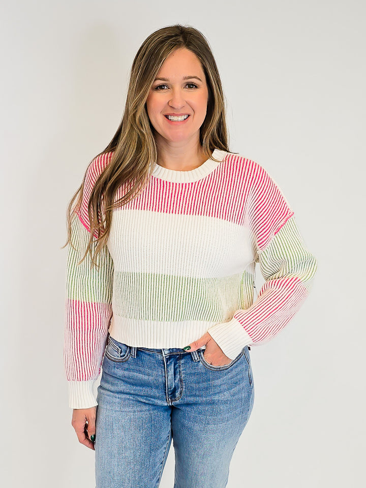 MULTI COLORED STRIPED ROUND NECK SWEATER - PINK/WHITE/GREEN