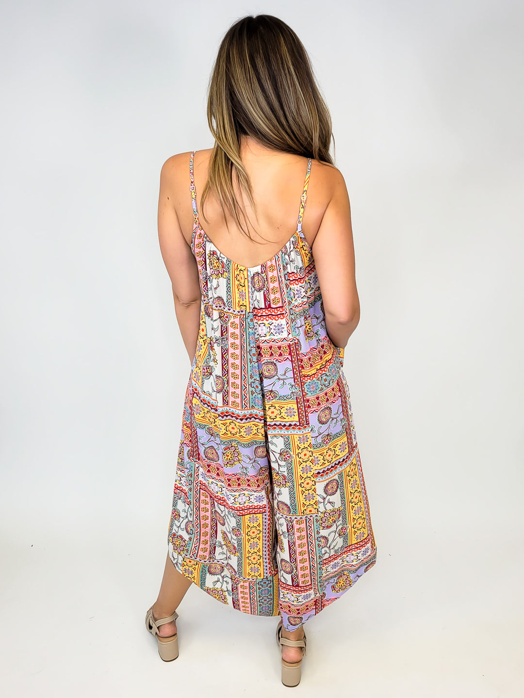MIXED PRINT FLOWY JUMPSUIT - LAVENDER COMBO