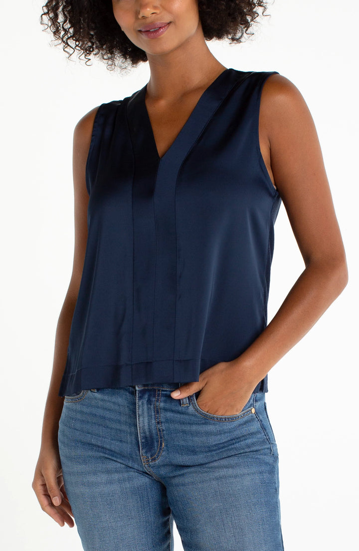 SLEEVELESS V-NECK WOVEN-TO-KNIT TOP - DARK NAVY