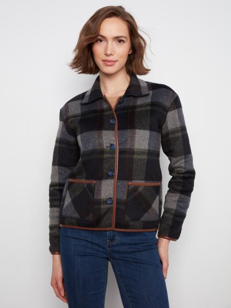 LONG SLEEVE REVERSIBLE PLAID JACKET WITH LEATHER BINDING -NAVY