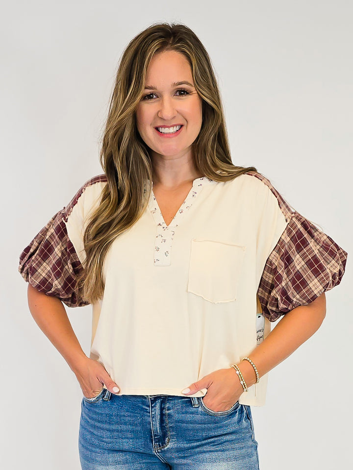 MINERAL WASHED PLAID PUFF SLEEVE TOP - CREAM BERRY