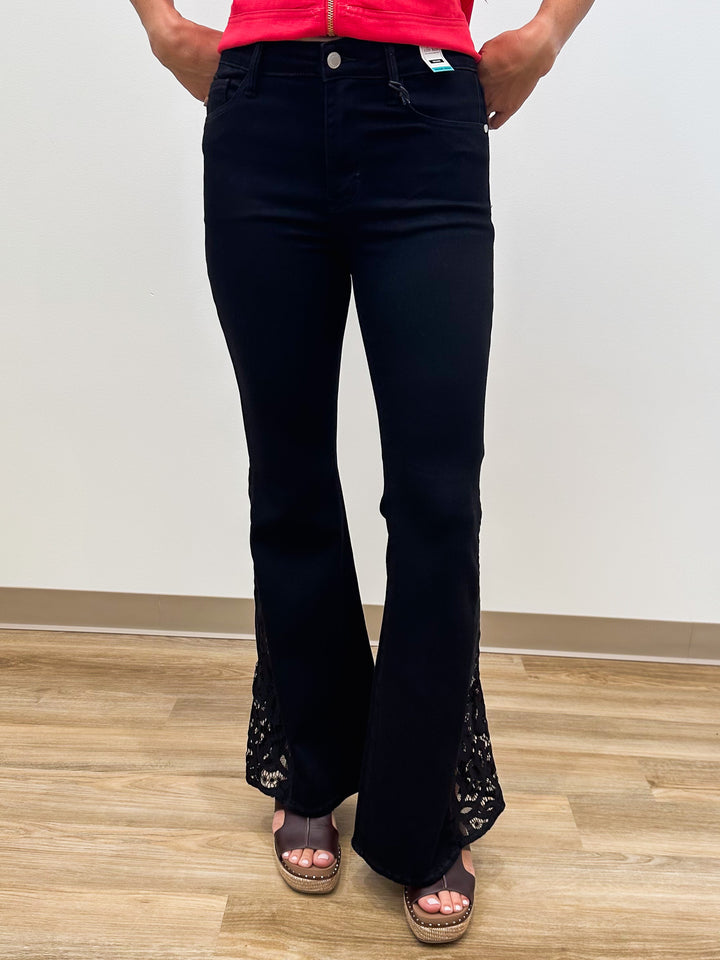 JUDY BLUE MR JAQUELINE LACE HEM FLARE JEANS - 33" INSEAM - BLACK SHADOW