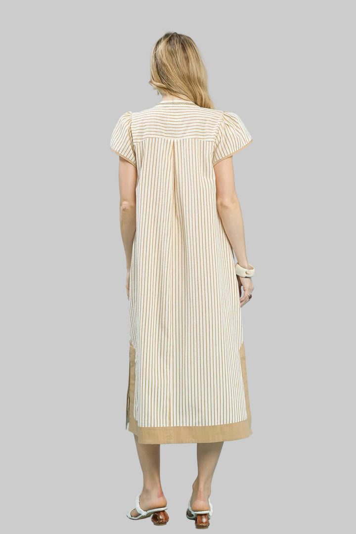 SHORT FLUTTER SLEEVE LACE TRIM STRIPED MIDI DRESS - LATTE