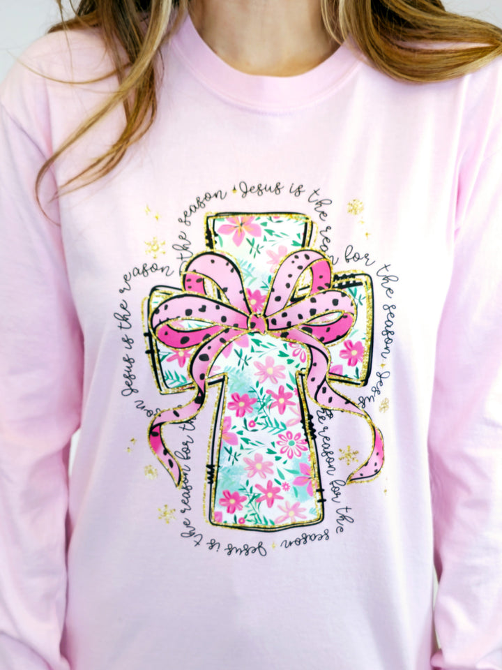 LONG SLEEVE FLORAL CROSS SHIRT - BLOSSOM PINK