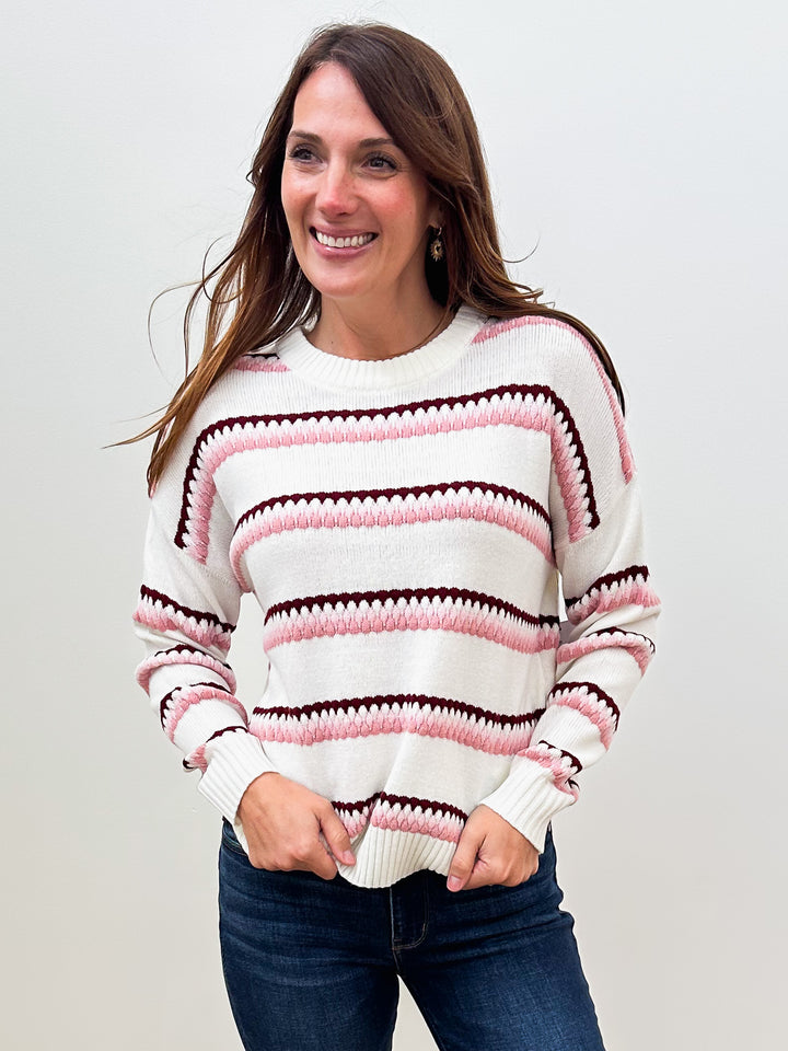 LONG SLEEVE TEXTURED CREW NECK PULLOVER - BURGUNDY/PINK