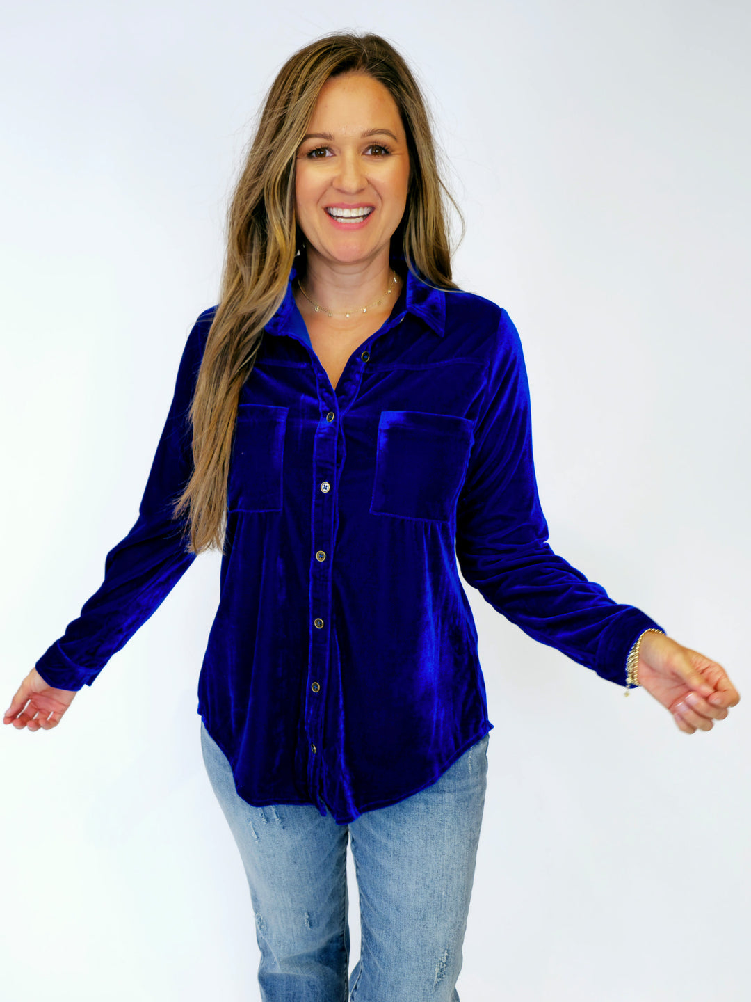 VELVET COLLARED BUTTON DOWN TOP - SAPPHIRE