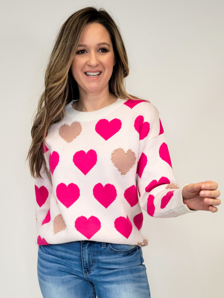 LONG SLEEVE HEART PATTERN SWEATER TOP W/PEARL ACCENT - OFF WHITE/PINK