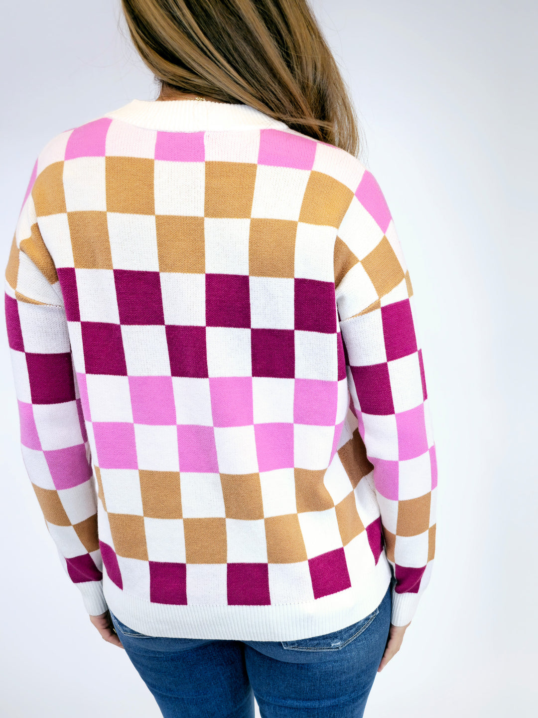 CHECKERBOARD PULLOVER SWEATER - PINK