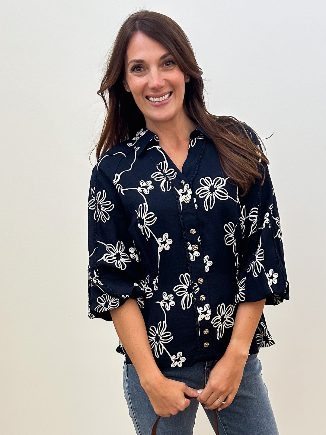3/4 BALLOON SLEEVE FLORAL LINE PRINT BLOUSE - MIDNIGHT