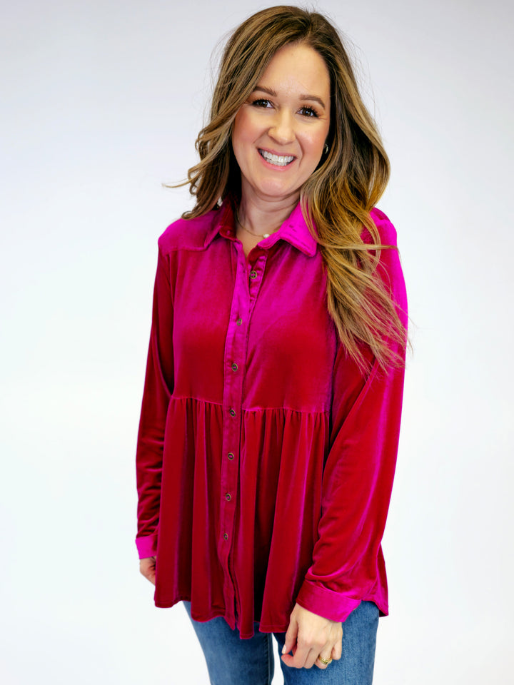 VELVET BUTTON DOWN LONG SLEEVE TUNIC - RASPBERRY