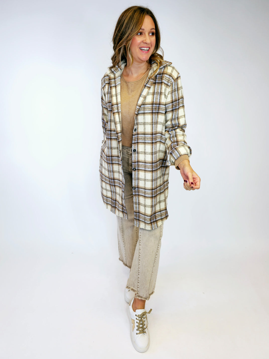 LONG SLEEVE DUSTER FLANNEL SHACKET  - CREAM