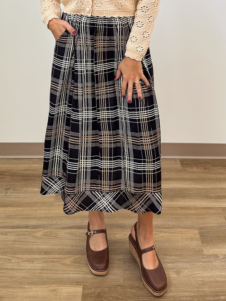PLAID RUFFLE HEM MIDI SKIRT - BLACK