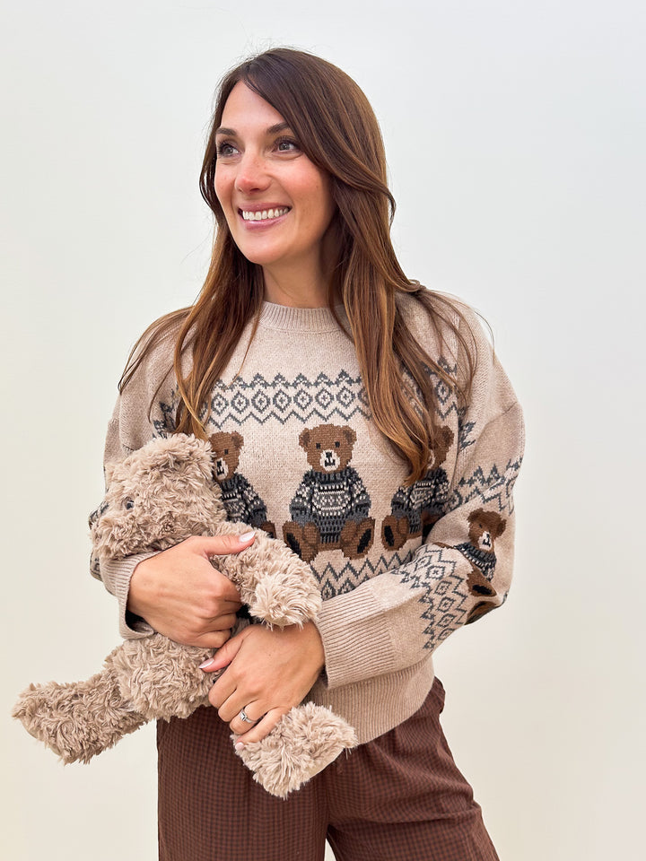 L/S BEAR MOTIF KNIT SWEATER - KHAKI