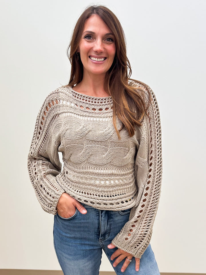 CROCHETED OPEN KNIT PULLOVER SWEATER - KHAKI