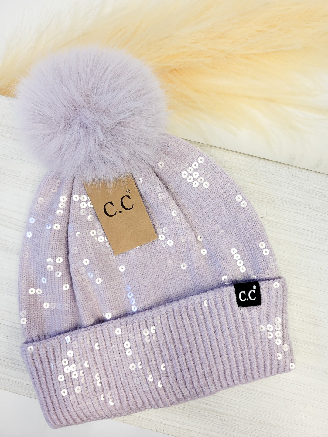 SEQUIN POM BEANIE HAT, LILAC