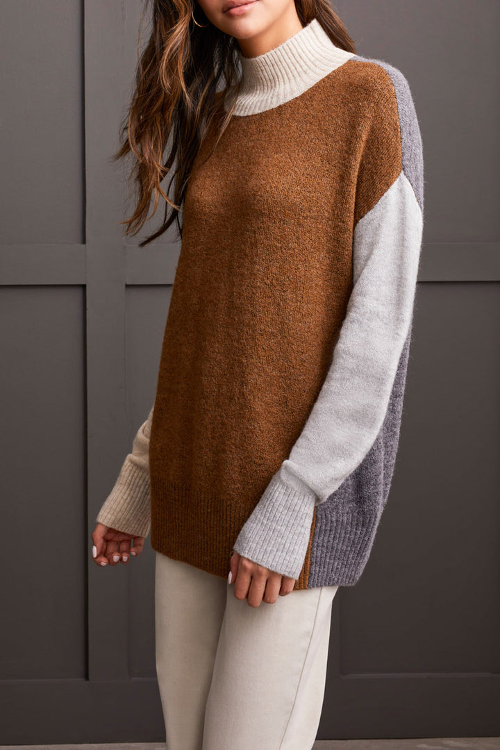 LONG SLEEVE MOCK NECK COLORBLOCK SWEATER - WALNUT