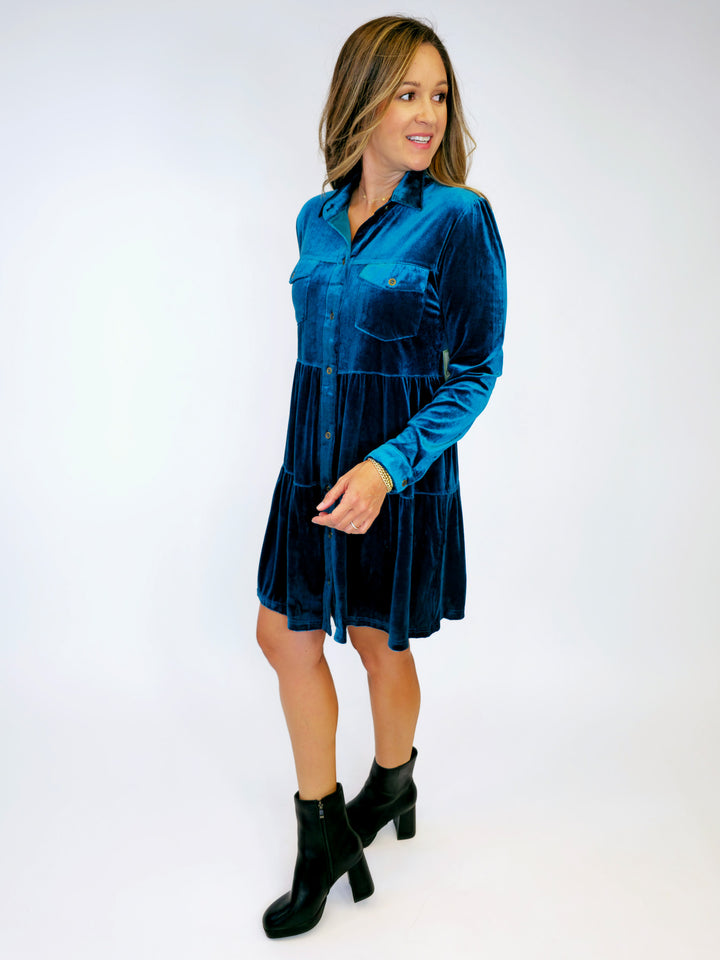 VELVET BUTTON DOWN TIERED DRESS - PEACOCK