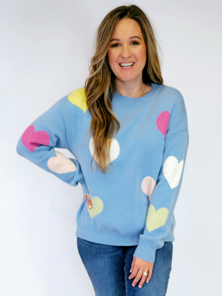 MULTI COLOR HEARTS PULLOVER SWEATER - BLUE