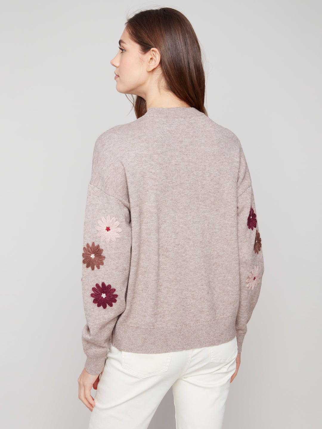 FLORAL EMBROIDERED CREW NECK SWEATER - HEATHER TAUPE