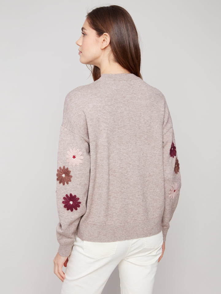 FLORAL EMBROIDERED CREW NECK SWEATER - HEATHER TAUPE