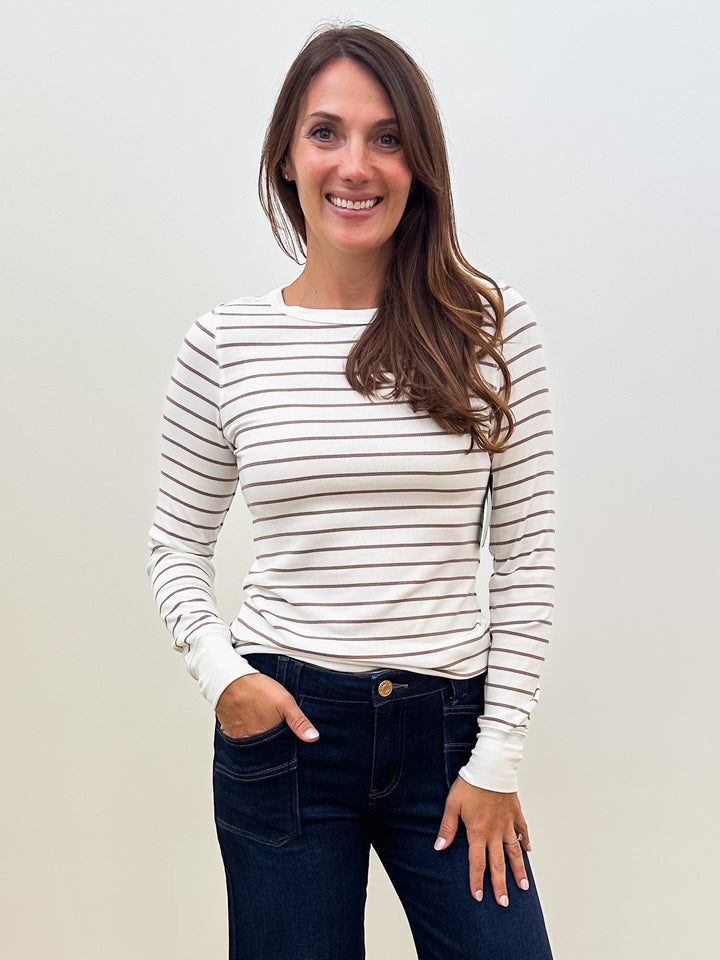 LONG SLEEVE STRIPED STACY TOP - IVORY LIGHT BROWN