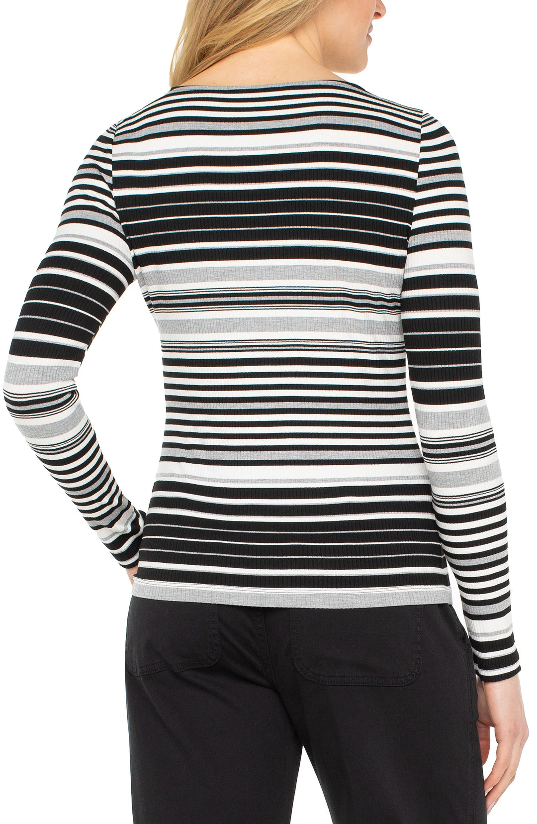 LONG SLEEVE BOATNECK KNIT TOP - BLACK/WHITE VINTAGE STRIPES