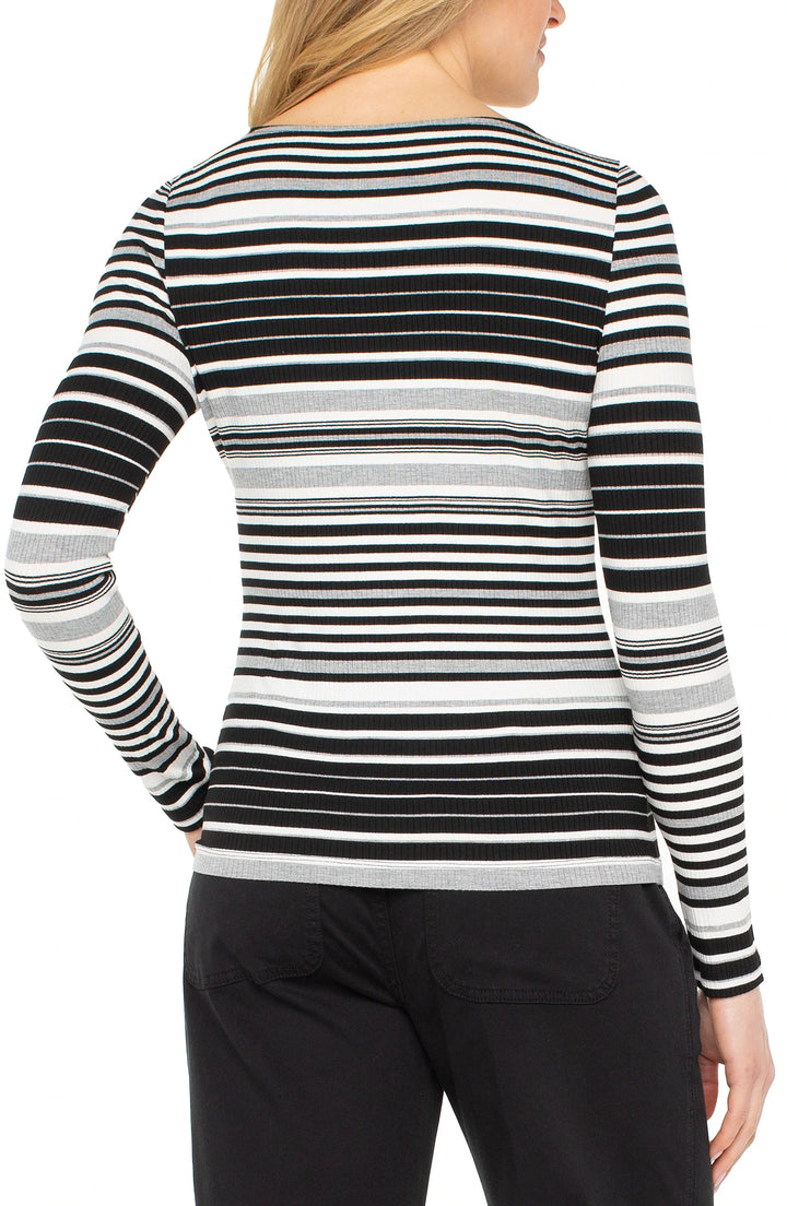 LONG SLEEVE BOATNECK KNIT TOP - BLACK/WHITE VINTAGE STRIPES