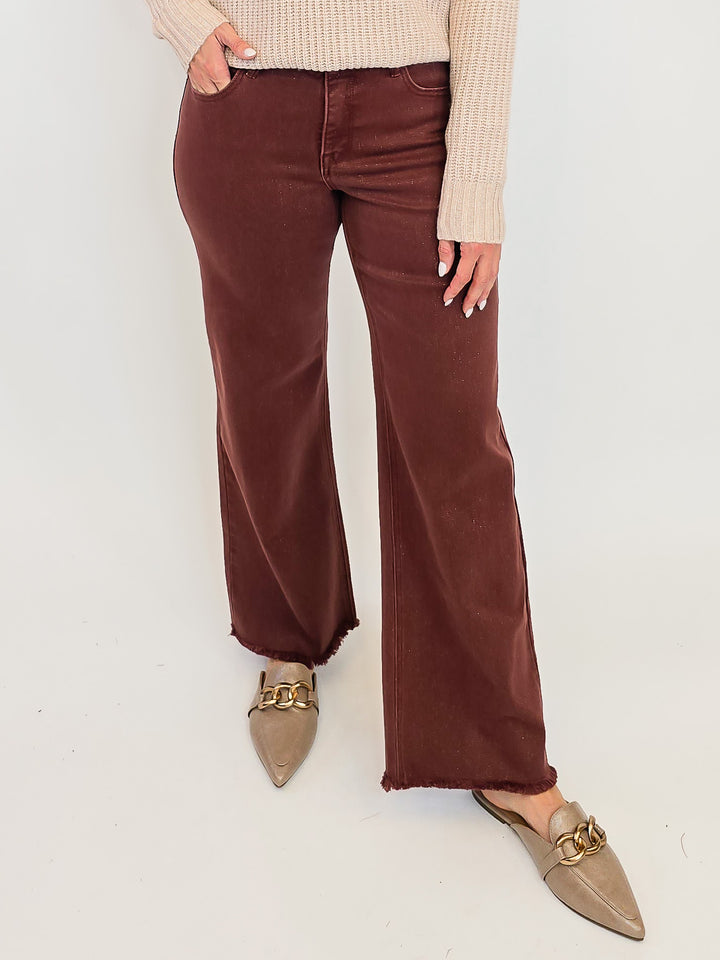 RISEN MID RISE ANKLE WIDE LEG PANTS - 30" INSEAM - LUREX CHOCOLATE