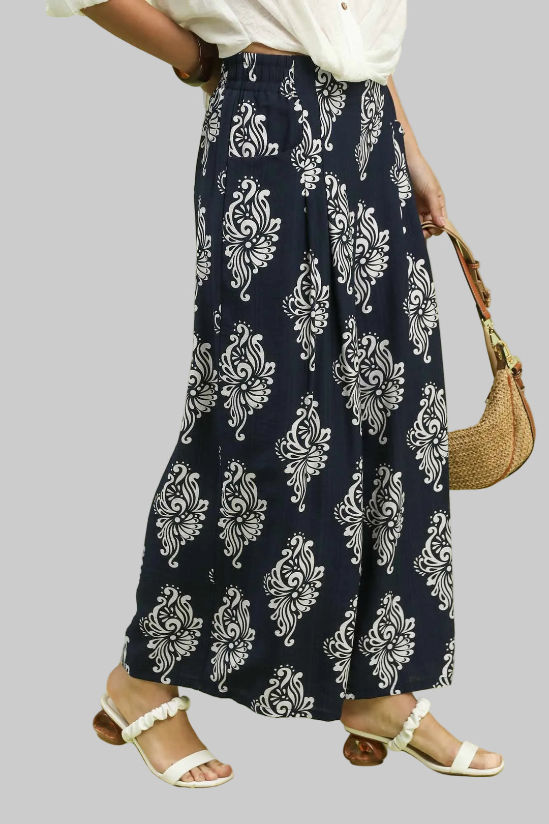 ABSTRACT PRINT WIDE LEG PANTS - NAVY