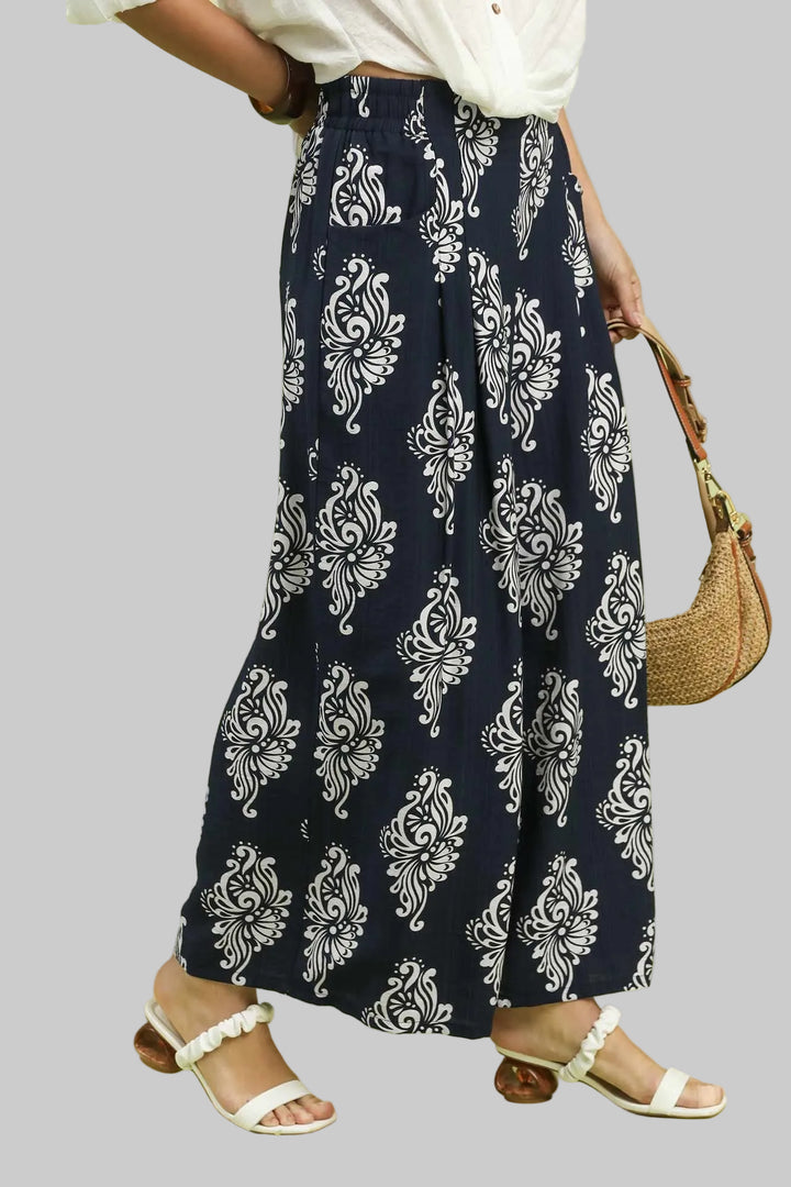 ABSTRACT PRINT WIDE LEG PANTS - NAVY