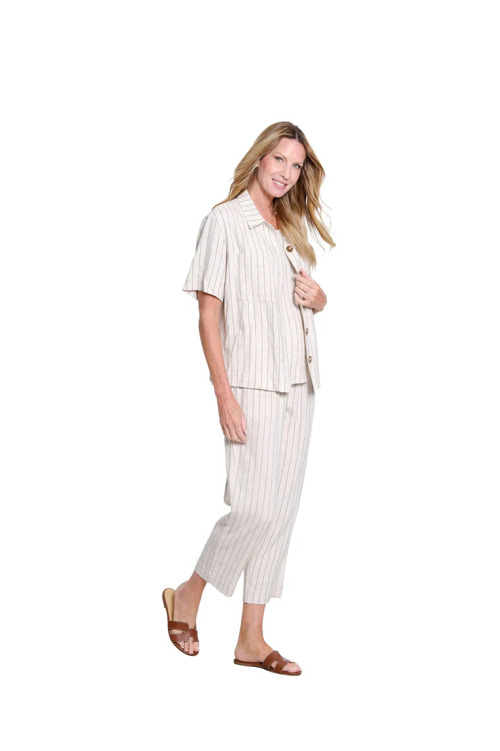 SHORT SLEEVE BUTTON FRONT JACKET - PINSTRIPE FLAX