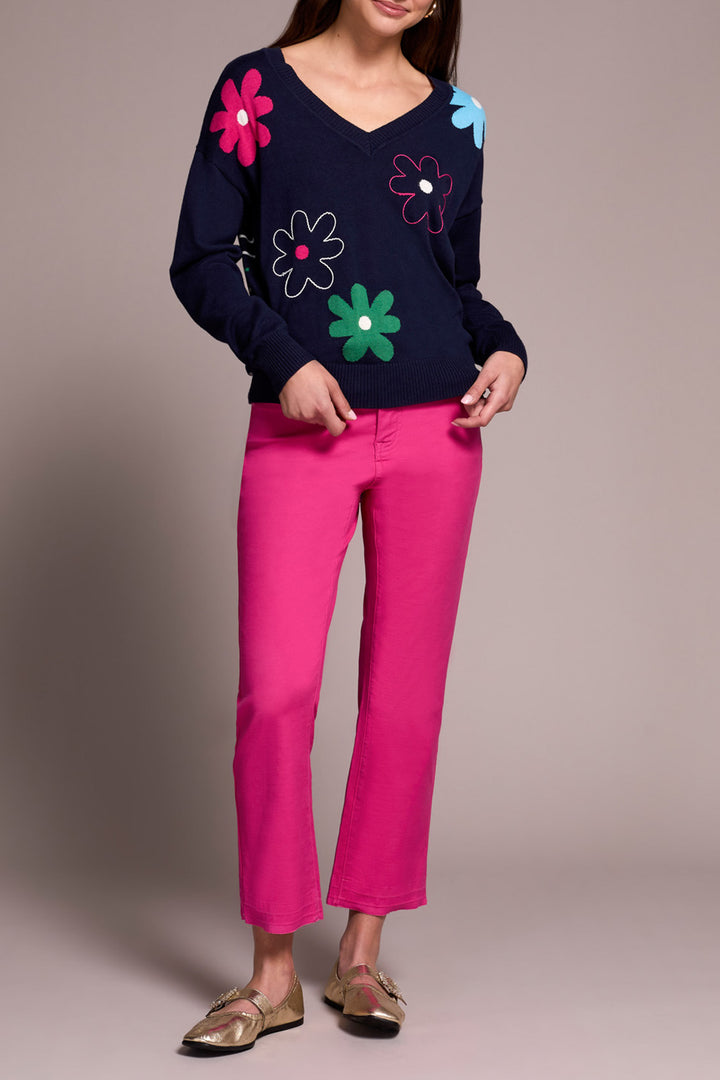 V-NECK JACQUARD EMBROIDERED SWEATER - NIGHT FALL