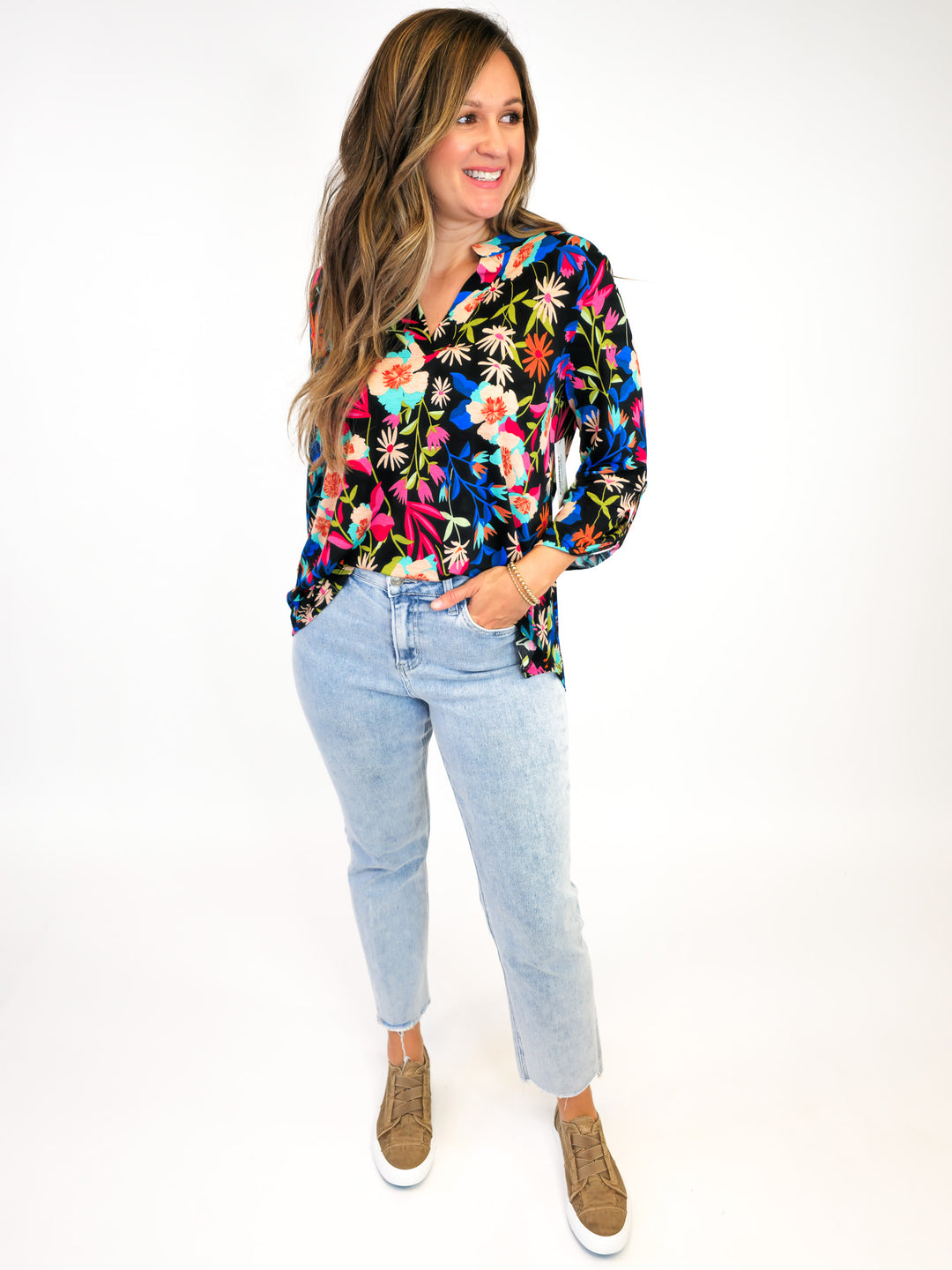 DEAR SCARLETT STRETCHY LIZ TOP WITH 3/4 SLEEVES - BLACK/BLUE/PINK FLORAL