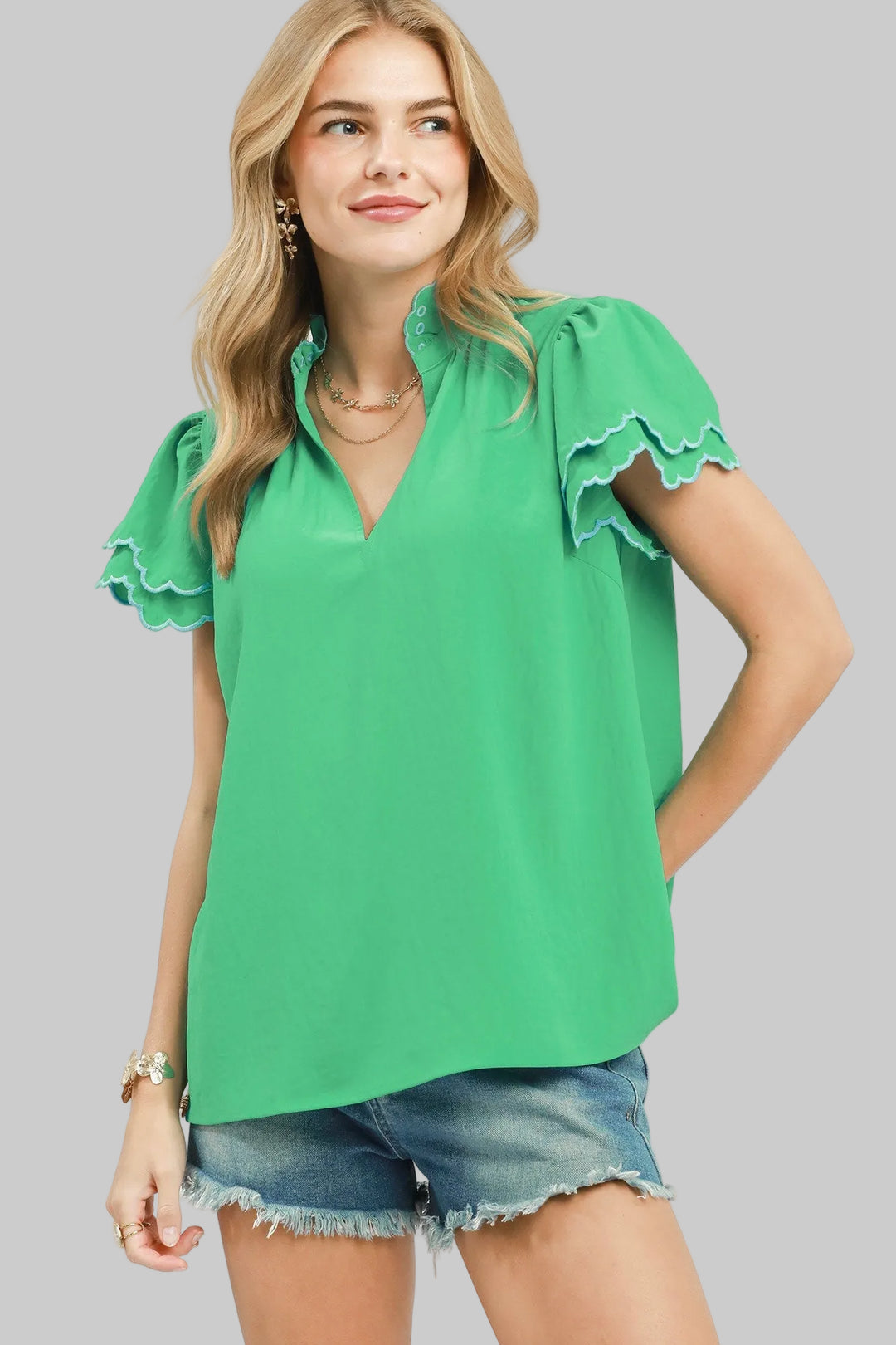 BUBBLE FLUTTER SLEEVE SCALLOPED FRILLED DETAIL NECK TOP - JADE