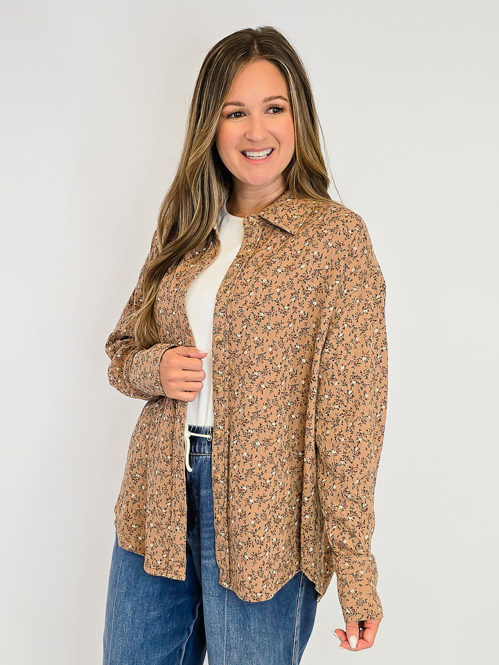 FLORAL PRINTED WASHED GAUZE SHIRT - ALMOND