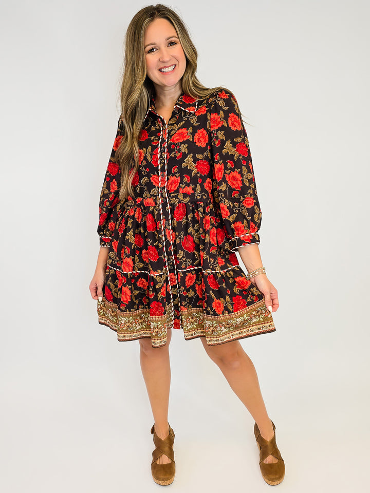 FLORAL MINI DRESS WITH COLLAR - BLACK/ORANGE