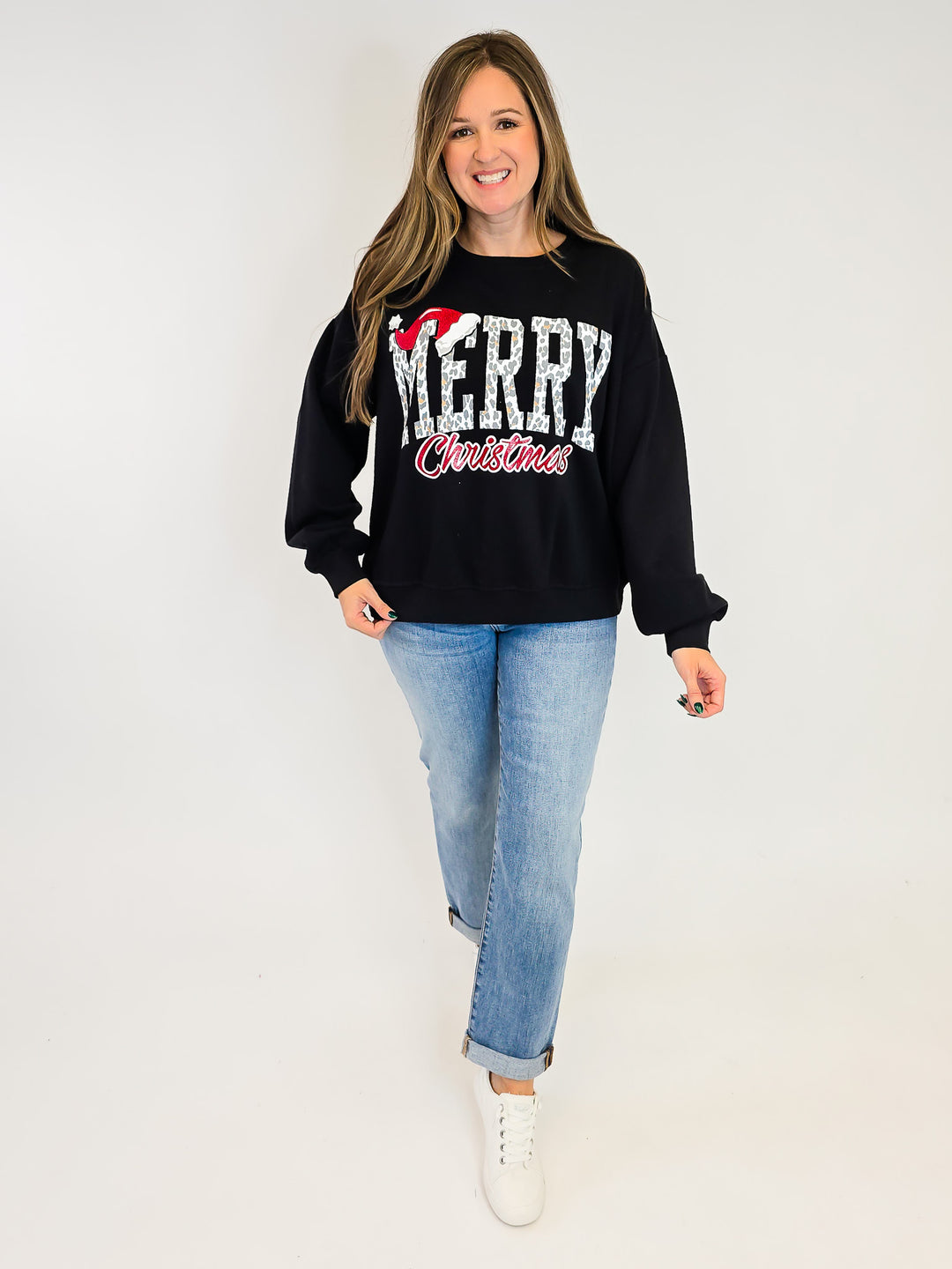 'MERRY CHRISTMAS HAT' CREW NECK OVERSIZED PULLOVER - BLACK