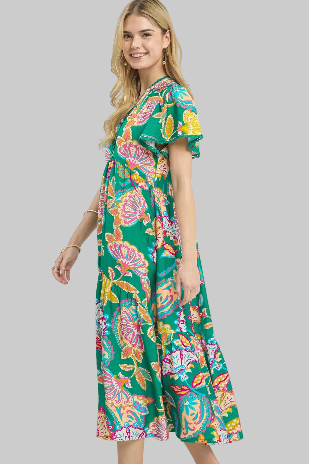 FLUTTER SLEEVE MIX BOHO FLORAL TIERED MIDI DRESS - EMERALD MIX