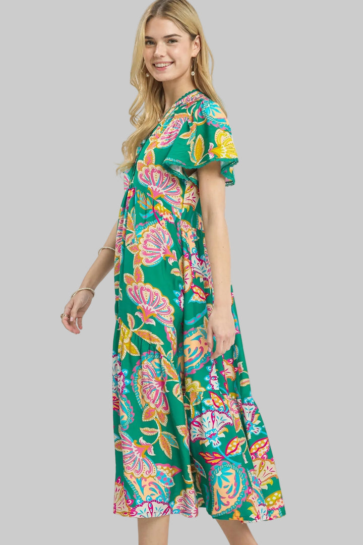 FLUTTER SLEEVE MIX BOHO FLORAL TIERED MIDI DRESS - EMERALD MIX